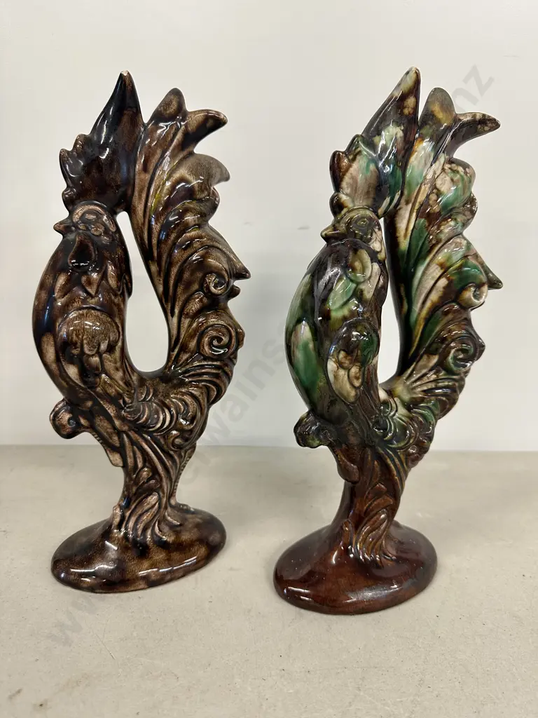 Vintage Green & Brown Roosters Signed Arnels H30cm. Image 1++
